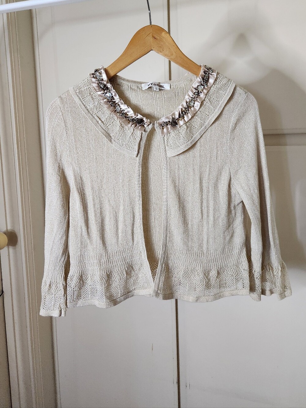 My de girl tan/beige bead sequin ruffles knitted cardigan